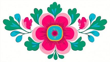 Obraz premium Colorful floral design with pink flower and green leaves.