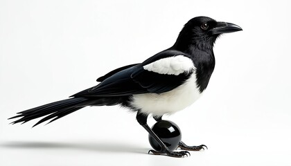 Fototapeta premium Black, white magpie bird stands on shiny black sphere against clean white background. Detailed feathers, sharp beak, claws visible. Contrast between bird plumage, smooth orb creates striking visual.