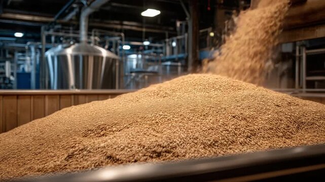 Golden cereal grains flow seamlessly into metal hoppers, transported by vacuum tubes under bright halogen lights in an industrial setting.