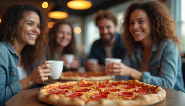Multicultural colleagues enjoy pizza, coffee during office break. Diverse coworkers laugh, talk, eat, drink, fostering team spirit, camaraderie. Inclusive workplace happiness, positive social - Powered by Adobe