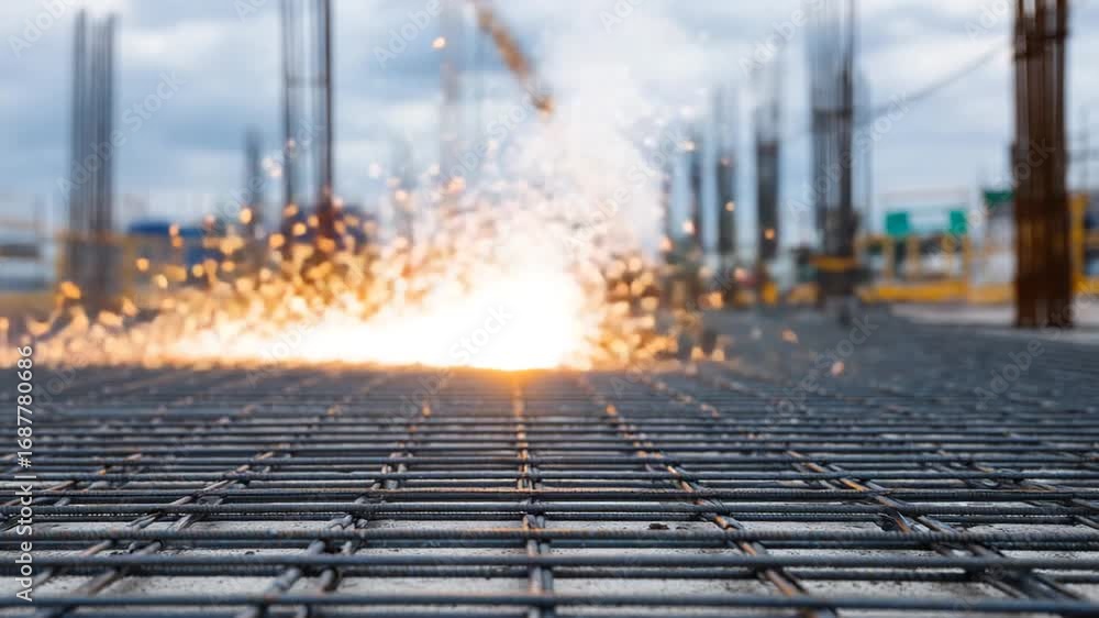 Poster a close-up of a rebar grid in concrete with welding sparks illuminating worn scaffolding.