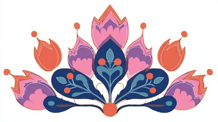 Vintage vector art pattern illustration of cute abstract floral decoration with red and blue flowers, butterflies, and a spring bird design