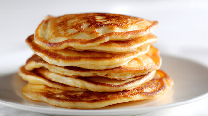 Telephoto shot of a stack of pancakes on a plate, isolated against a white background with natural lighting.