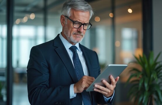 Mature executive businessman in suit, glasses uses digital tablet in modern office. Professional focused on finance project, career success, business growth. Working at desk, hand touching screen,