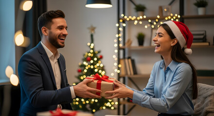 Colleagues exchanging christmas gift boxes, presents in a decorated office, co-workers new year party, celebration, festive gathering with gift sharing and business team building.