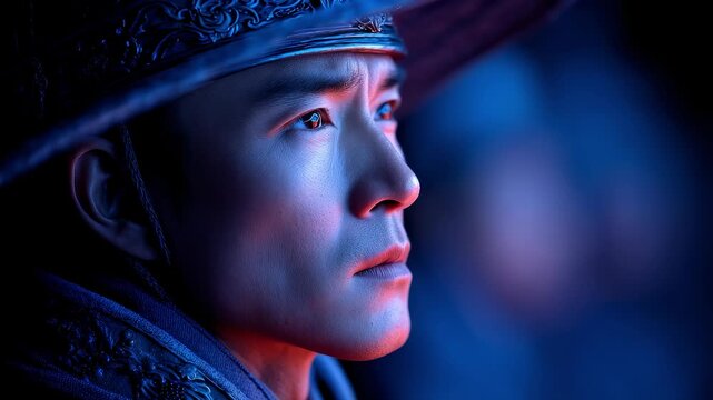 The Firm Face and Deep Eyes of the Oriental Warrior are Full of Power