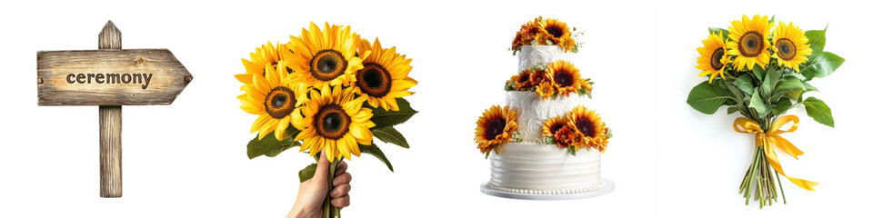 Obraz premium Sunflower wedding set with cake bouquet and ceremony sign isolated
