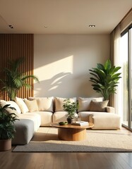 Modern living room features plush sectional sofa with round wooden coffee table. Natural light streams through large window, illuminating green indoor plants. Slatted wood accent wall adds warmth,