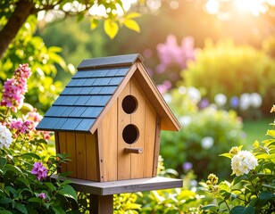 Birdhouse in garden at sunset