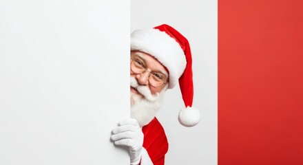 Smiling Santa Claus peeks from behind a large, blank, white sign against a backdrop of white and red. He's wearing a red and white hat.