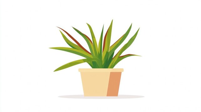 A vibrant green houseplant with spiky leaves and red tips in a beige pot, isolated on a white background.