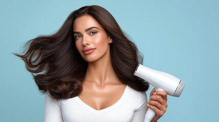 Woman actively drying her long, glossy hair with modern hair dryer. Bright studio setting featuring soft light blue background enhancing beauty. Concept of beauty salon, personal care, hair styling