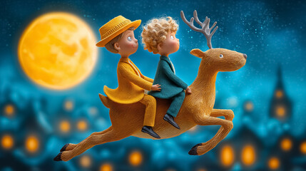 Naklejka premium Two boys sit on a flying reindeer soaring through the night sky. Bright yellow moon illuminates whimsical town below. Concept of imagination, fantasy, holiday joy
