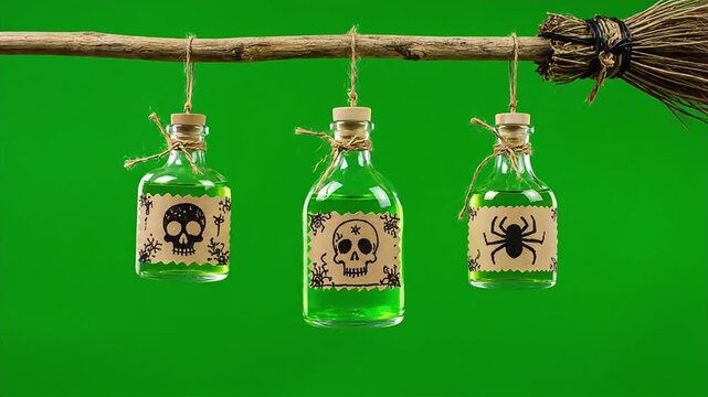 Spooky Halloween potion bottles with skull and spider symbols hanging from a broomstick