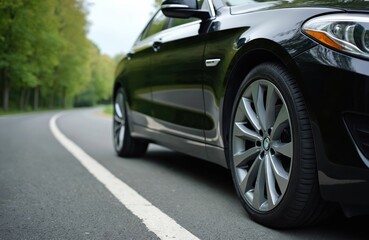 Sleek black sedan parked on a winding asphalt road lined with trees. The modern automobile features shiny paintwork and intricate alloy wheels, suggesting luxury and advanced design.