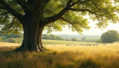 Fototapeta premium Massive ancient tree provides shade over golden meadow in English countryside. Rolling green hills, grazing sheep herd under bright spring sun. Peaceful pastoral scene, rural landscape beauty.