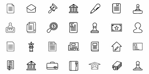 Illustration of various business and legal icons including documents, buildings, and office supplies items