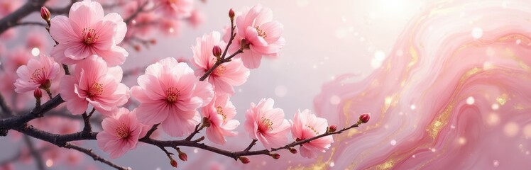 Delicate pink cherry blossoms bloom on branches against abstract fluid marble background with gold accents. Swirls of pink ink, liquid texture create luxurious, flowing design with painted flower