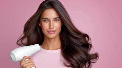 Woman looks at camera while drying her long, shiny hair with a white hair dryer. Soft pink backdrop enhances beauty and elegance. Concept of hair care, beauty industry, personal grooming