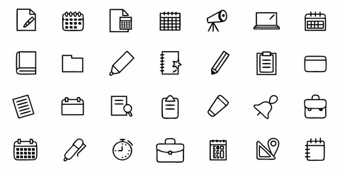 Fototapeta premium Collection of office and business icons including calendar, book, laptop, and writing tools line art