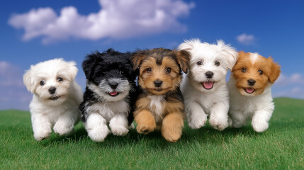 Fototapeta premium Five adorable puppies are joyfully leaping across a lush green field with a bright blue sky above. Their playful expressions and fluffy fur showcase a lively outdoor setting
