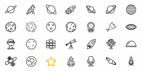Collection of space themed icons including planets telescopes rockets and other celestial objects drawn in line art