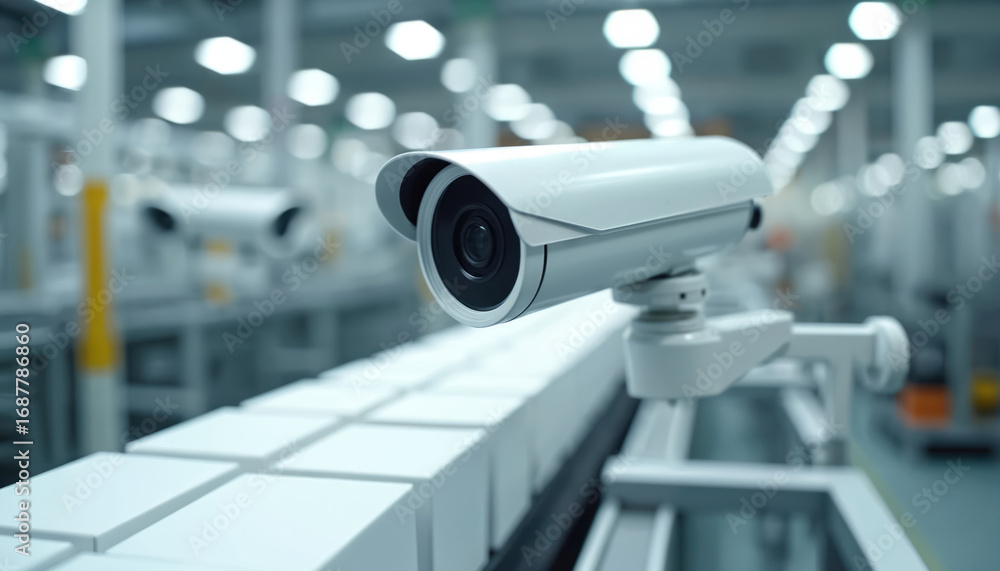 Poster modern surveillance camera monitors production line in high-tech factory. white security device with