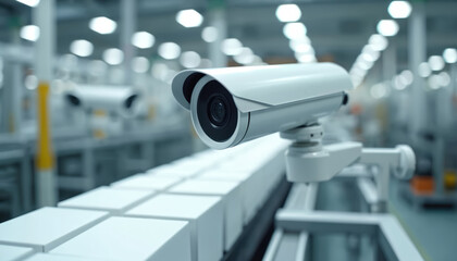 Modern surveillance camera monitors production line in high-tech factory. White security device with optical lens captures detailed images for safety, quality control, process monitoring. Industrial