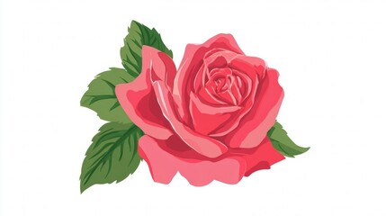 Fototapeta premium A beautiful pink rose with green leaves, isolated on a white background, symbolizing love and beauty.