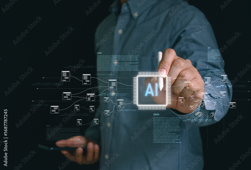 Fototapete businessman using artificial intelligence and data processing with digital network interface, showin