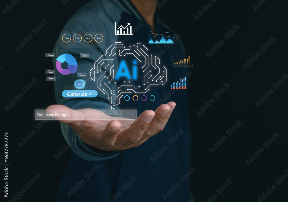 Fototapete futuristic concept of artificial intelligence and big data analytics with holographic charts, ai bra