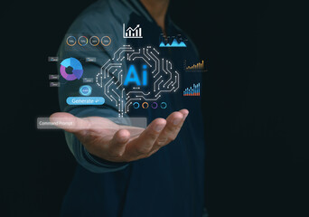 Futuristic concept of artificial intelligence and big data analytics with holographic charts, AI brain and digital interface innovation for technology, business and automation.