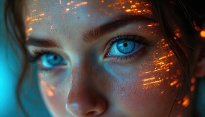 Close-up on woman captivating blue eyes with futuristic digital overlay. Orange light particles dance across face, suggesting technological integration, advanced human connection. Vision of tomorrow,