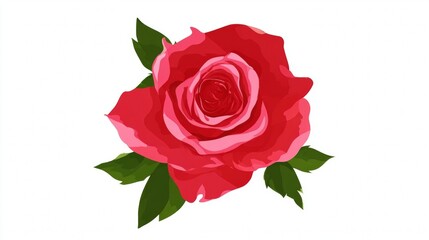 Naklejka premium A vibrant red rose with green leaves, depicted in a stylized illustration with a white background.