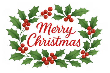 Merry christmas greeting surrounded by holly berries and leaves on transparent background