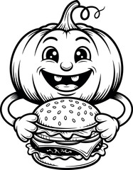 Vector art of pumpkin cartoon character holding a burger.