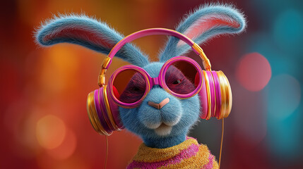 Rabbit listens to music with oversized headphones and funky glasses. Bright, colorful backdrop adds playful atmosphere. Concept of music, creativity, entertainment