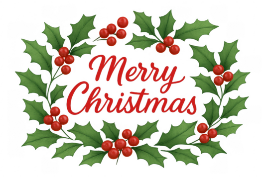 Merry christmas greeting surrounded by holly berries and leaves on transparent background