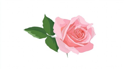 A close-up illustration of a delicate pink rose with green leaves, isolated on a white background.