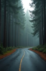 Fototapeta premium Winding wet asphalt road through dense coniferous forest. Tall trees line path with green foliage, misty atmosphere. Bright yellow line divides dark pavement creating visual guide for journey,