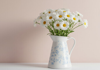 A bouquet of white daisies in a blue-patterned pitcher on a white surface, against a soft pink wall, creating a serene atmosphere.