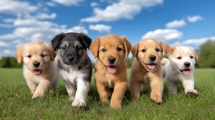 Five adorable puppies trotting in unison on lush green grass. Bright blue sky with fluffy clouds provides a cheerful backdrop. Concept of pet adoption, animal care, puppy training