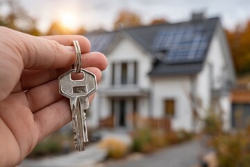 Keys to a new home in a tranquil neighborhood during a warm autumn day with solar panels in view