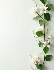 Obraz premium Minimalist floral design featuring delicate white flowers and green leaves on a clean white background. This botanical arrangement with a vine offers a fresh, elegant, and pure aesthetic.