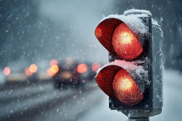 Snowy traffic light signaling stop during a winter storm on an urban road
