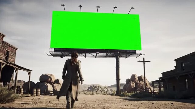 A lone cowboy walking towards a large billboard green screen in a deserted western town with old buildings and a cloudy sky.