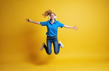 Obraz premium Joyful young woman with blonde hair jumping in air wearing white headphones listening to music. She wears blue polo shirt and jeans against vibrant yellow background.