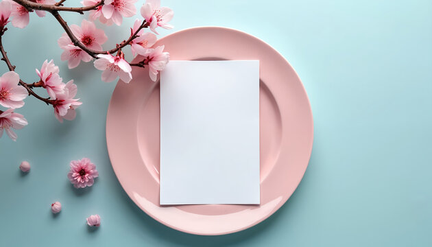 Elegant spring table setting features pink plate with blank white card adorned by delicate cherry blossoms. Soft pastel blue background complements floral arrangement, perfect for event invitations - Powered by Adobe