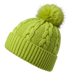 A bright lime green knitted beanie with a cable knit pattern and a fluffy pom-pom, set against a white background.
