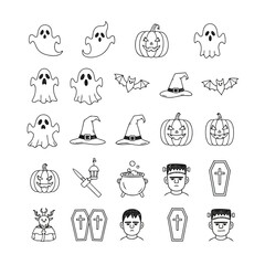 Collection of Halloween-themed line art icons, featuring ghosts, pumpkins, witches hats, bats, cauldrons, Frankenstein, and coffins.